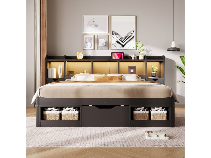 Lit plateforme 140 × 200 cm avec 3 tiroirs, led et prise usb, rangement tête et pied de lit pour chambre, noir - Conforama E