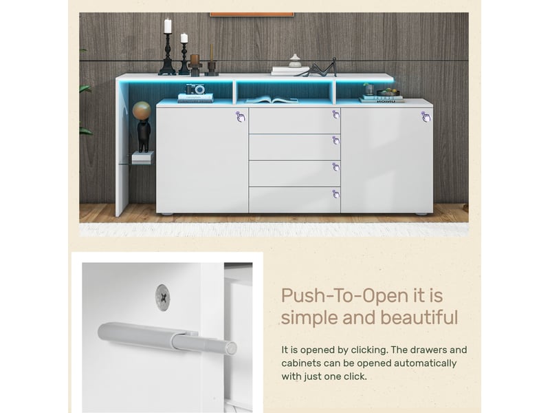 Buffet bas led blanc – 160 x 35 x 70 cm – 2 portes, 4 tiroirs et compartiment vitré - Conforama E