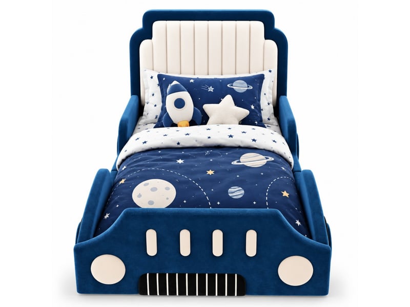 Lit enfant voiture 90x200 cm en velours, avec barrière de sécurité et éclairage led, bleu - Conforama A