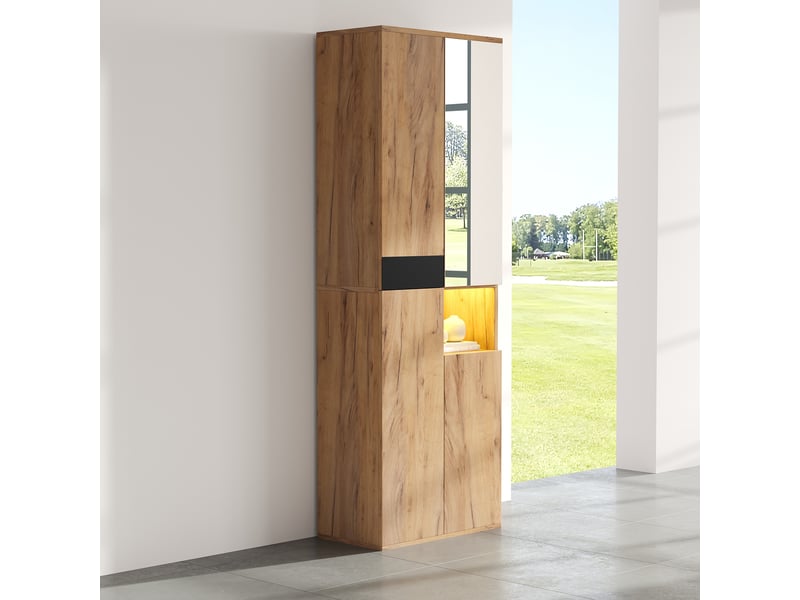  Armoire de rangement 4 portes, armoire haute avec miroir et niche ouverte pour salon ou entrée - noir et bois 65x35x190 cm  - Conforama C