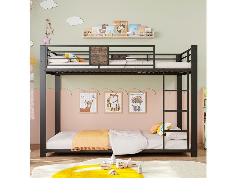  Lit superposé 90x200 cm en métal noir avec échelle réversible et garde-corps  - Conforama E