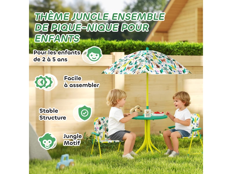  Ensemble salon de jardin extérieur enfant avec 2 chaises pliantes et parasol, thème jungle, pour jardin, terrasse, vert  - Conforama E