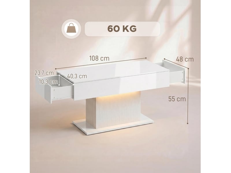 Table basse avec 2 tiroirs, led rgb et télécommande, finition blanche brillante moderne pour salon 108 × 48 × 55 cm - Conforama C