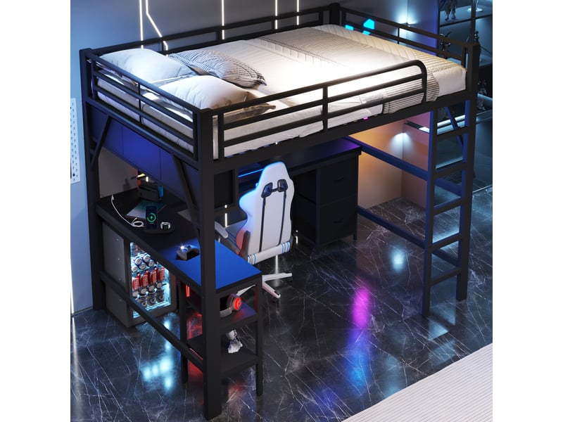  Lit mezzanine gaming 140x200 cm noir, avec bureau, rangements, étagères, placard, led, usb, structure métal, sommier inclus, sans matelas  - Conforama R