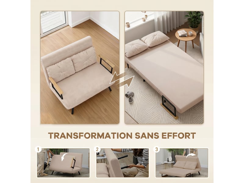  Canapé convertible 2 places en tissu effet velours beige 102x73x81 cm  - Conforama D