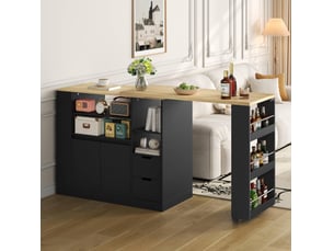 Desserte de cuisine extensible avec 2 tiroirs et 3 étagères, en mdf noir et bois naturel, 115 × 50 × 92 cm