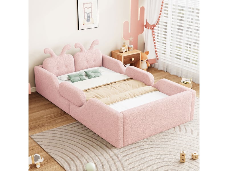  Lit enfant rembourré 90x200cm avec tête de lit oreilles de lapin, barrières de sécurité et cadre capitonné, mdf et contreplaqué - rose  - Conforama B