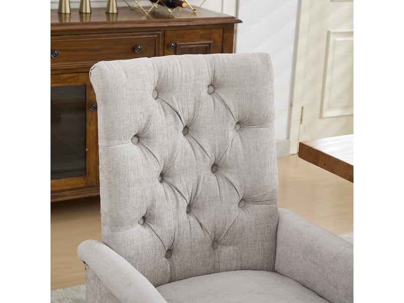  Chaise de salle à manger en chenille beige avec accoudoirs, dossier haut capitonné, pieds courbés en bois massif, assise rembourrée, style classique  - Conforama D
