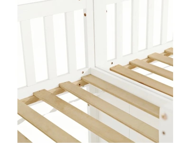 Lit superposé enfant 90×200, échelle 4 marches, garde-corps, pinmdf, blanc - Conforama E