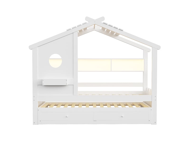  Lit enfant 90x200cm, lit gigogne 90x190cm, 2 tiroirs et led, charge, design en forme de maison, bois, blanc sans matelas  - Conforama R