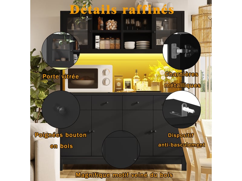  Buffet haut 140 x 38,5 x 180 cm avec led rgb pilotée par application, portes vitrées et 4 tiroirs, noir  - Conforama E