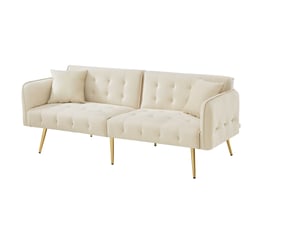 Canapé-lit 2 places convertible en velours beige, dossier et accoudoirs réglables, couchage 215 x 81,5 cm