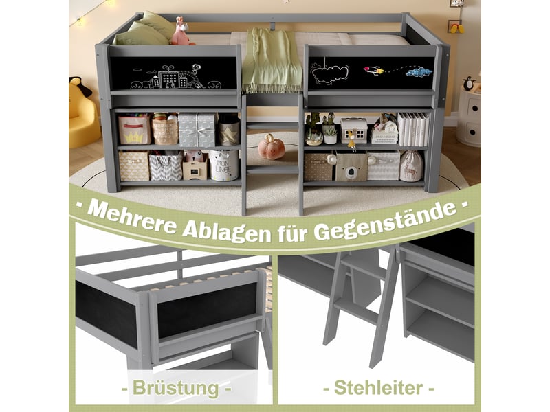  Lit simple 90x200 cm avec plusieurs étagères de rangement, lit enfant avec balustrade, échelle, lit mi-hau, bois de pin, gris  - Conforama R