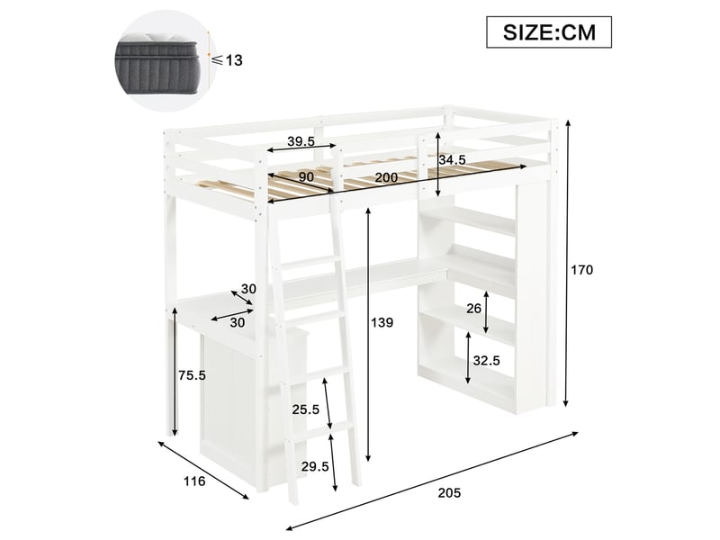  Lit mezzanine, 90x200 cm, tablette d'angle, échelle en biais, matelas non inclus, lin et bois et mdf, coloris blanc  - Conforama C