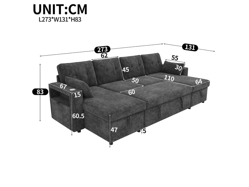 Canapé d'angle convertible 4 places 273x131x83 cm en chenille avec 2 méridiennes coffre, rangement, led, usb type-c - gris - Conforama C