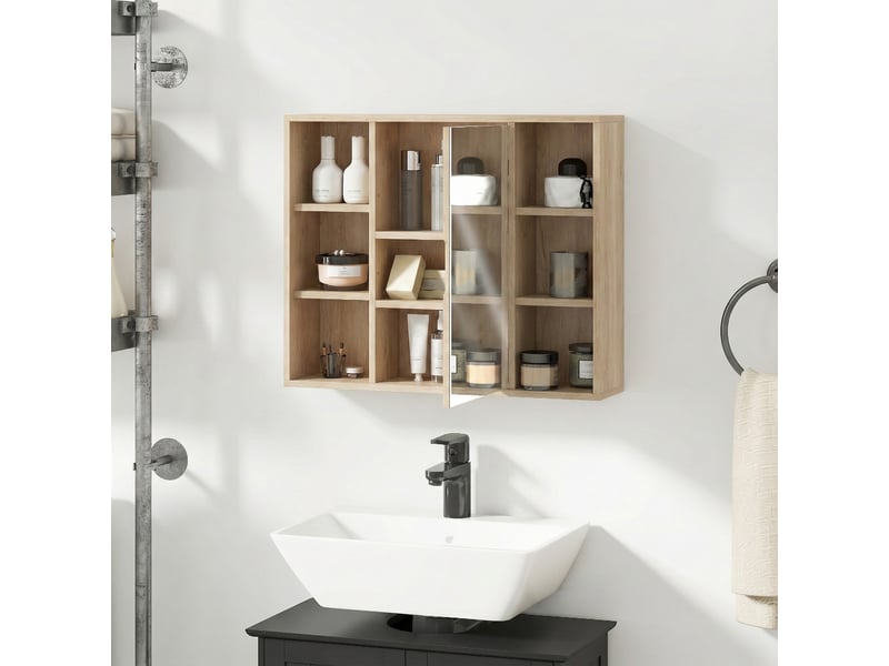  Meuble salle de bain avec miroir, placard à portes et 6 compartiments ouverts, 60 x 14,5 x 49,4 cm, bois naturel  - Conforama D