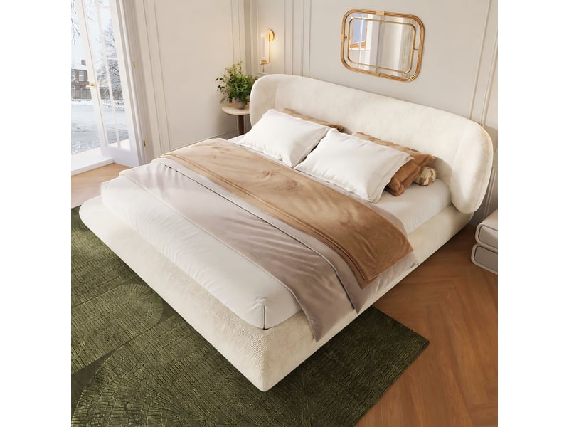  Lit 2 places 160x200 cm, tête de lit rembourrée, sommier à lattes, coins arrondis, cadre rembourré, chenille pour chambre - beige  - Conforama E