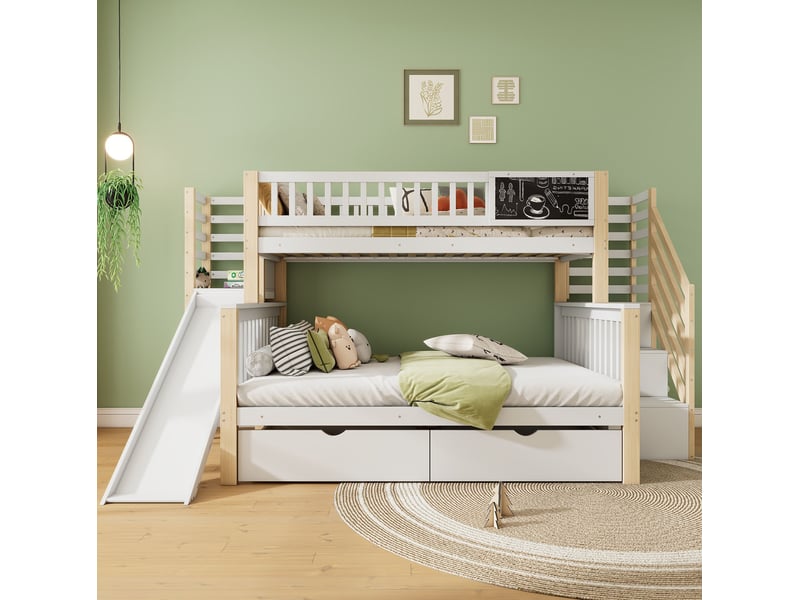  Lit superposé enfant 90x200 cm et 140x200 cm avec toboggan et rangements en bois blanc et naturel sans matelas  - Conforama B