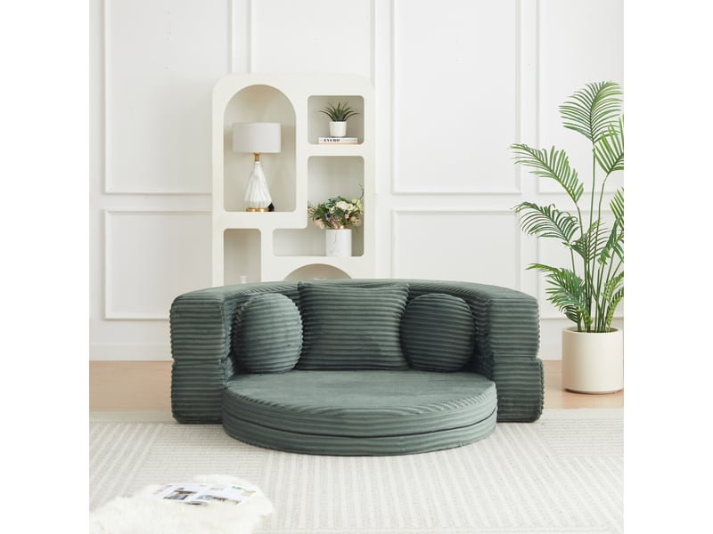  Canapé Convertible 4-en-1 Vert en Velours Côtelé Modulable Lit de Jour Rond  - Conforama R
