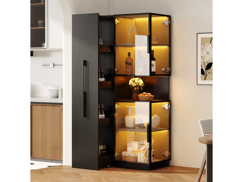  Vitrine en verre led 70x38x160cm meuble de rangement armoire haut avec éclairage led 4 portes étagère coulissante, noir  - Conforama B