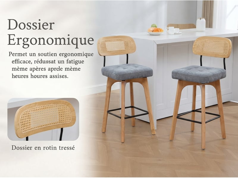  Lot de 2 tabourets de bar pivotants avec dossier effet rotin et assise en chenille beige, piètement bois et métal, design pour îlot central et cuisine  - Conforama D