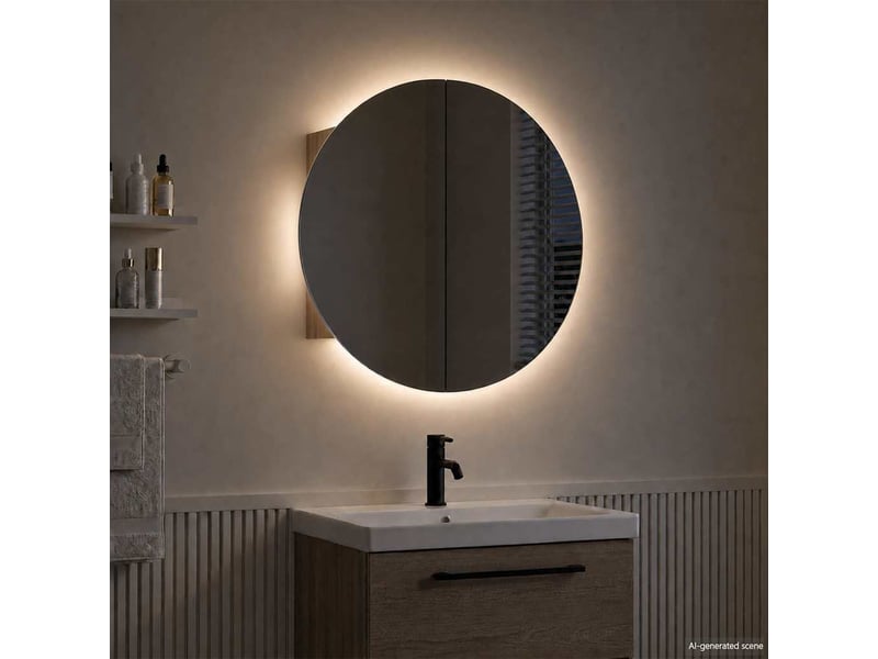 Armoire de salle de bain, meuble de rangement miroir rond et led chêne 40x40x17.5 cm - Conforama C