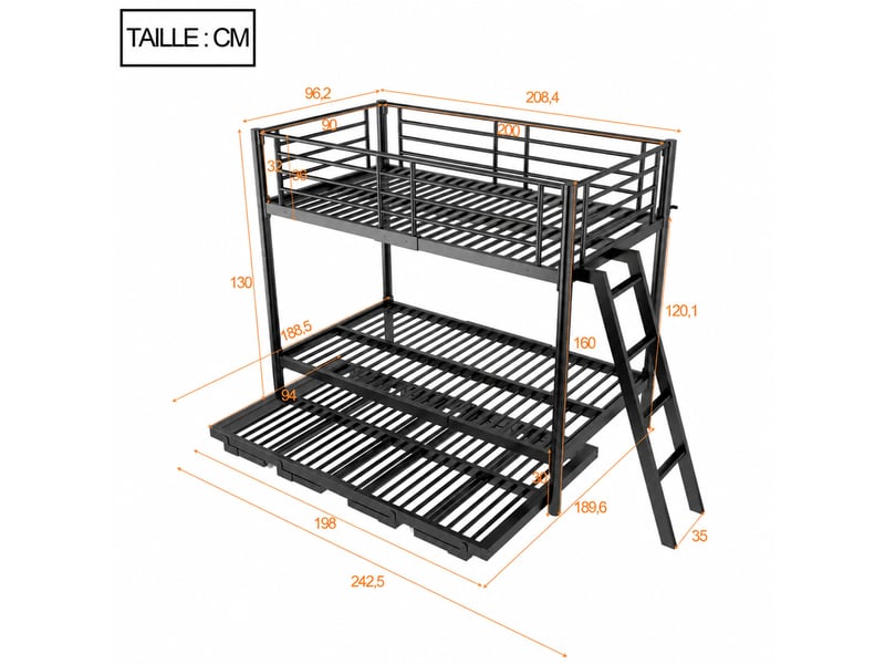 Lit superposé en métal, lit avec couchage inférieur extensible, 90x200 et 180x200 cm, sans matelas, noir - Conforama D