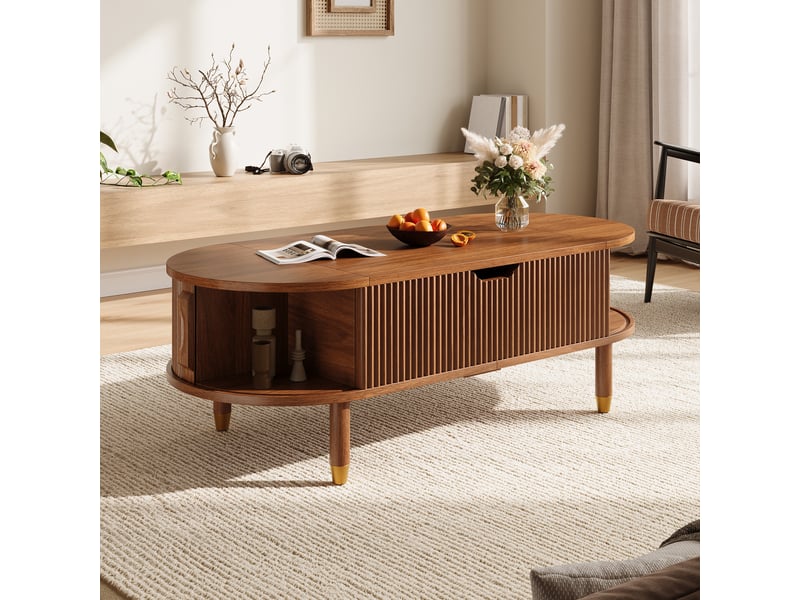 Table basse relevable avec 2 portes coulissantes et rangement en mdf pour salon 110×48×57 cm noyer - Conforama D
