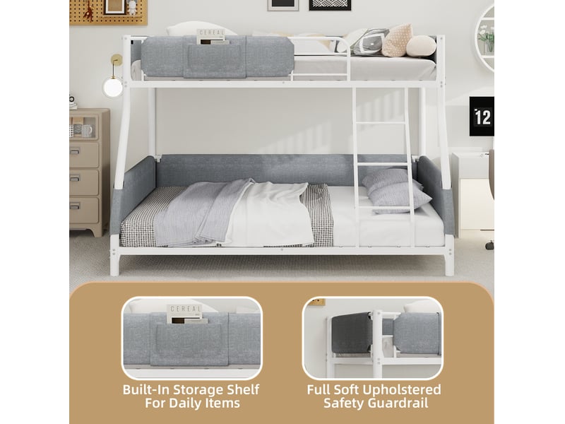 Lit superposé 90x190 et 140x190 cm, poche en lin amovible, barrières rembourrées, fer, blanc ancien, sans matelas - Conforama D