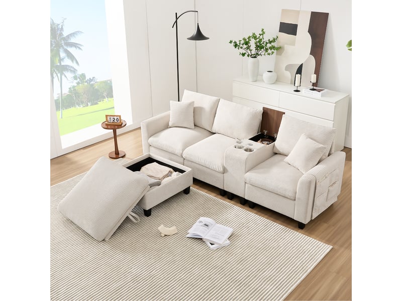 Canapé velours côtelé moderne - confortable avec rangement accoudoir et usb, idéal pour salon, appartement ou petit espace, beige - Conforama D