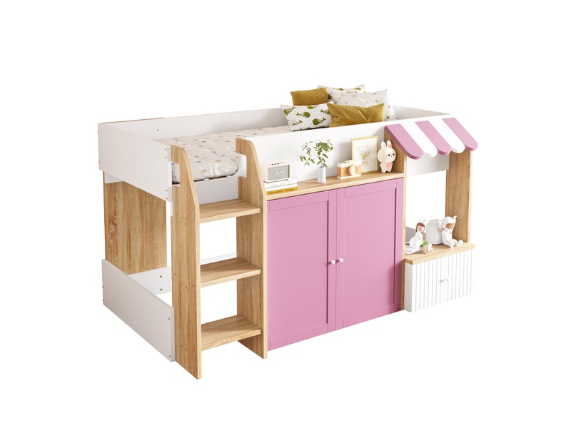  Lit mezzanine 90x200 cm coloris rose bois massif lit enfant rose - Conforama A