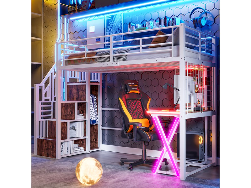  Lit mezzanine 90 x 200 cm avec bureau, armoire, led et escalier avec rangement, lit simple en métal blanc avec étagères et garde-corps  - Conforama B