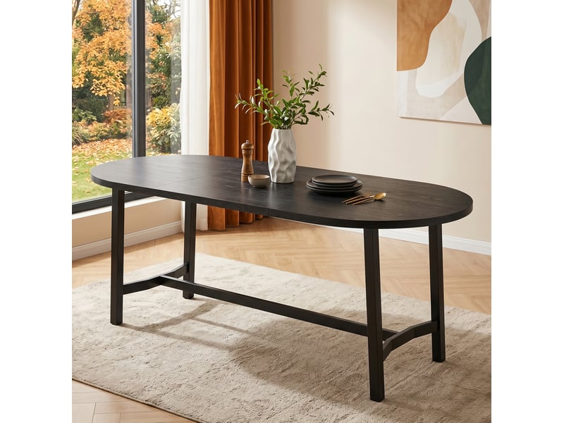  Table à manger 180x80x75 cm, style organique, bords arrondis, matériau mdf avec cadre métal, finition noire, pour 6 à 8 personnes  - Conforama E