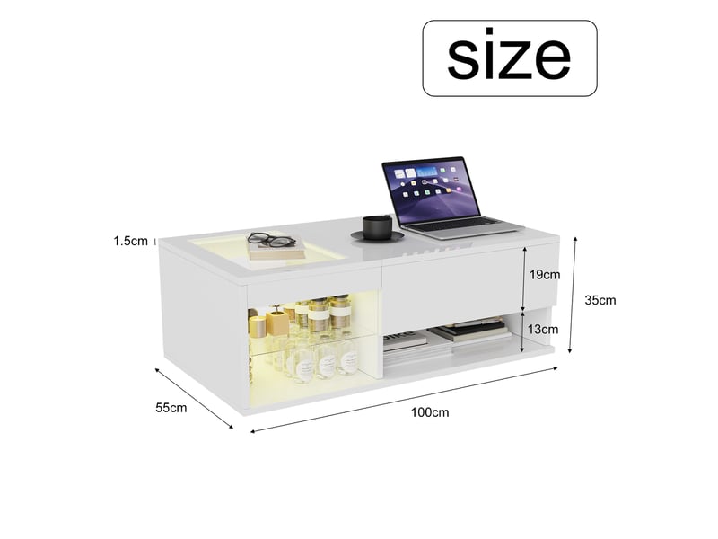 Table basse relevable led - 100 x 55 x 35 cm-blanc - table de salon haute brillance avec éclairage rgb, compartiment et étagère - Conforama B