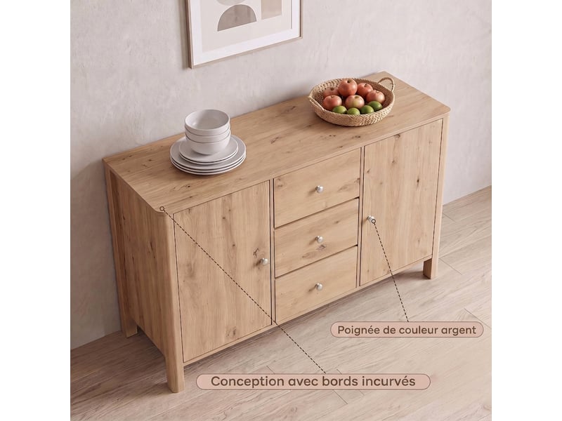  Commode 3 tiroirs et 2 portes, enfilade salon 120 cm, buffet moderne couleur chêne  - Conforama C