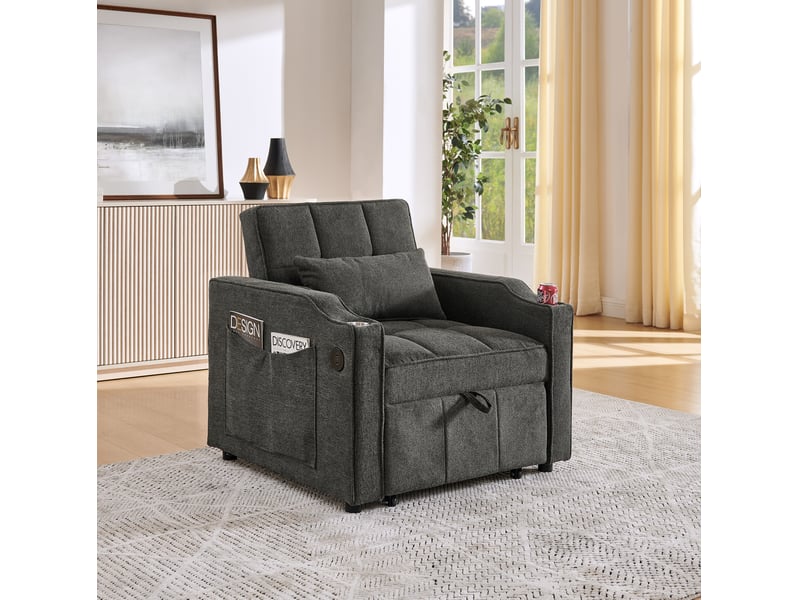  Fauteuil relax convertible 3-en-1 gris foncé avec fonction lit, usbusb-c et dossier réglable  - Conforama B