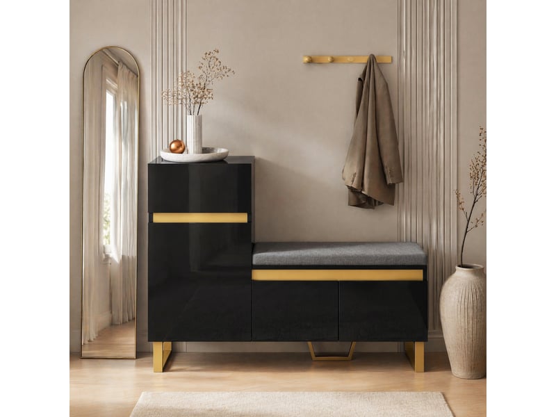 Meuble à chaussures brillant avec portes, banc rembourré, tiroir et étagères, pour entrée, en mdf, noir, 120 × 35 × 85 cm - Conforama B