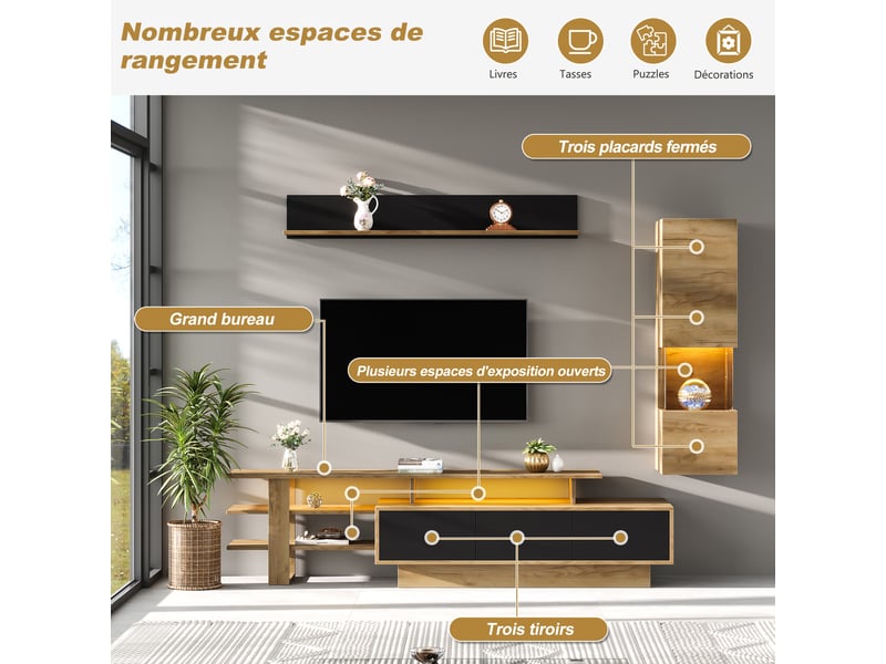  Meuble tv 3 pièces avec 3 tiroirs, vitrine led et étagère pour salon en mdf 180×40×45 cm noir bois naturel  - Conforama C