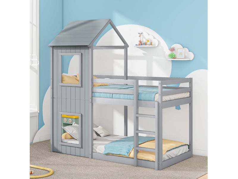  Modenvie lit enfant cabane 90x200 cm - structure en pin massif, avec barrière de sécurité - gris  - Conforama D