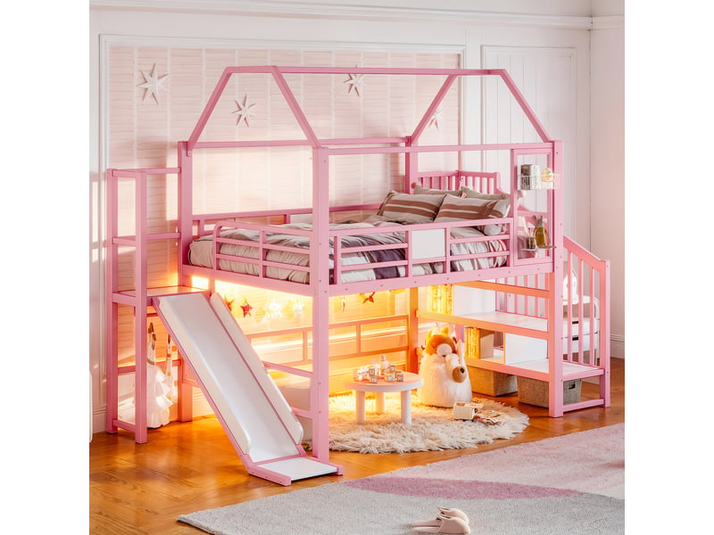  Lit mezzanine enfant métal 140x200 cm lit cabane lit adolescent lit double avec toboggan escalier de rangement éclairage led, rose  - Conforama E