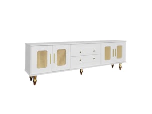 Meuble tv 175 x 38 x 55,5 cm, 4 portes effet cannage et tiroirs, poignées dorées, style rétro, blanc, en panneaux de particules, pour salon