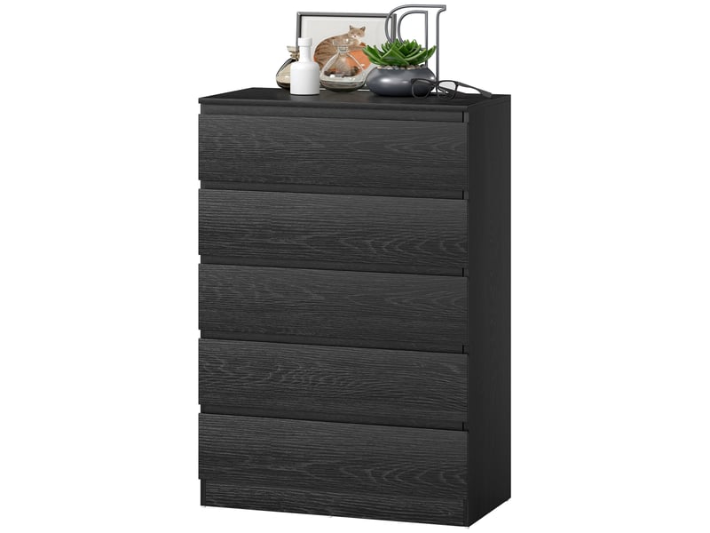  Commode 5 tiroirs pour chambre, salon ou bureau, style moderne, 77 x 40 x 111,5 cm, aspect bois noir.  - Conforama B