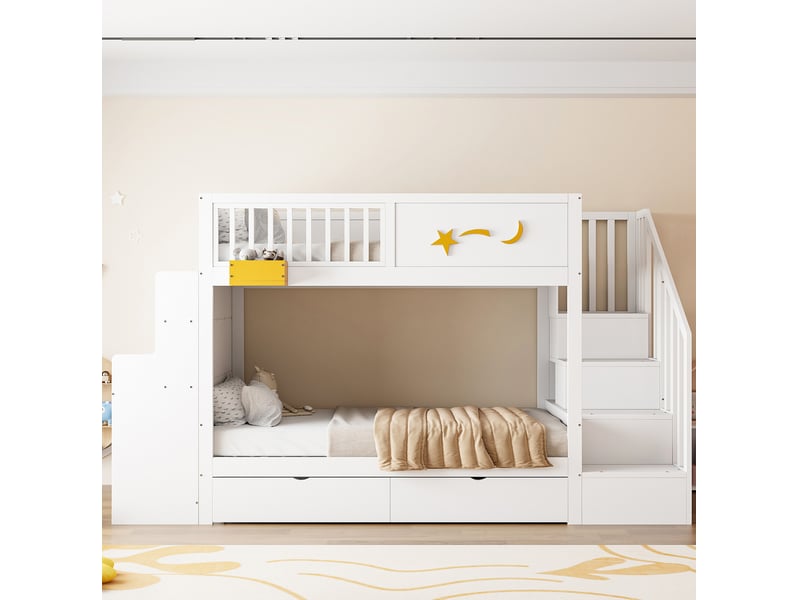Lit superposé enfant 90x200 cm, 2 tiroirs inclus, bureau, escalier avec rangement, bois et mdf blanc - Conforama B