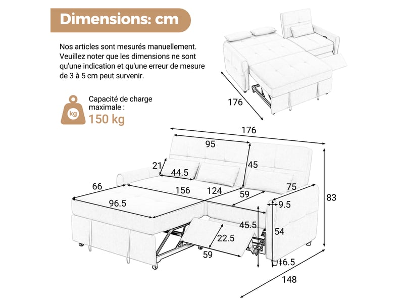  Canapé-lit 3 places 176x148x83 cm - convertible 3 en 1 - dossier réglable 3 positions - fonction couchage - chenille - mousse confortable - marron CozyNest - Conforama C