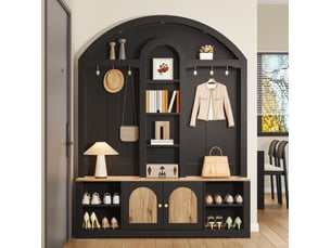 Meuble d'entrée avec 2 portes, étagères ouvertes et crochets pour hall, mdf noir aspect bois, 150 × 40 × 195 cm