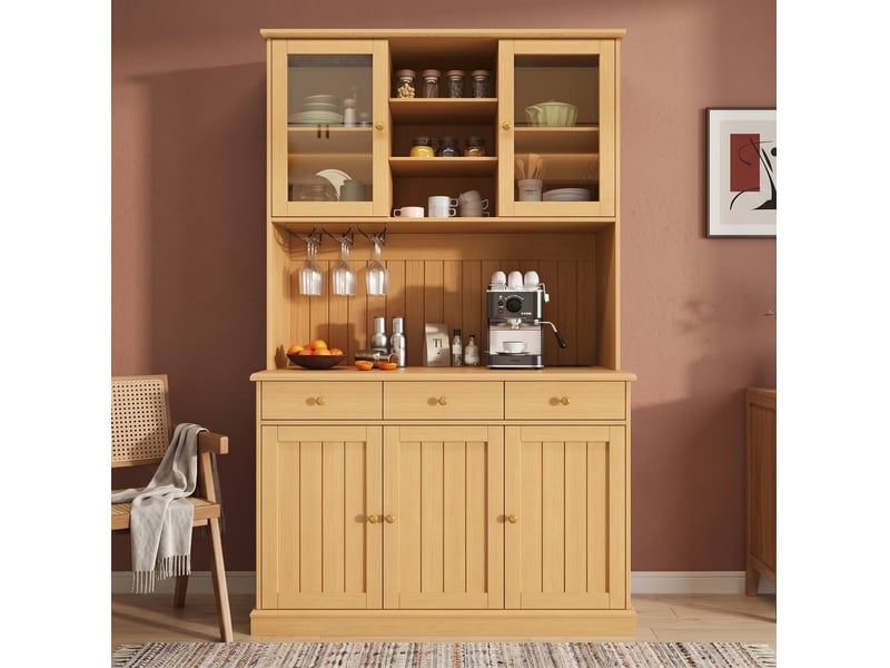 Buffet haut vitré avec tiroir, porte-verres, étagères réglables et prises pour salle à manger, 120 × 40 × 191 cm - Conforama B