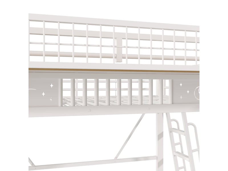  Lit mezzanine 140×200 cm avec rangements, escalier réversible, structure en métal blanc sans matelas  - Conforama D