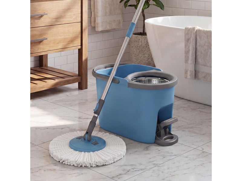  Ensemble serpillère et seau avec essoreur, 3 chiffons microfibres, 44 x 29 x 27,8 cm, bleu  - Conforama C