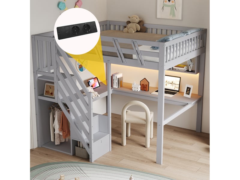  Lit mezzanine enfant 140 × 200 cm 2 places avec bureau, rangements, led et usb, sans matelas, gris  - Conforama E