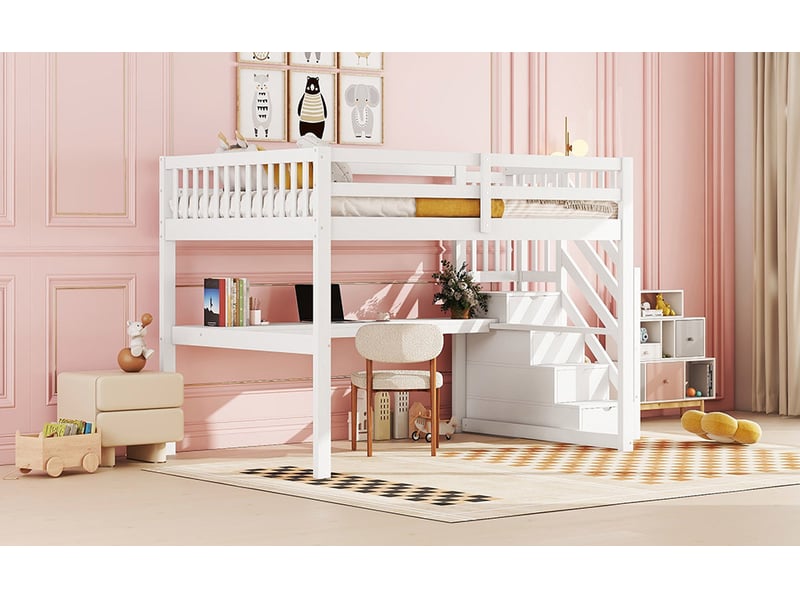  Lit mezzanine 2 places 140×200 cm avec bureau et rangement  - sans matelas, pin et mdf - blanc  - Conforama E